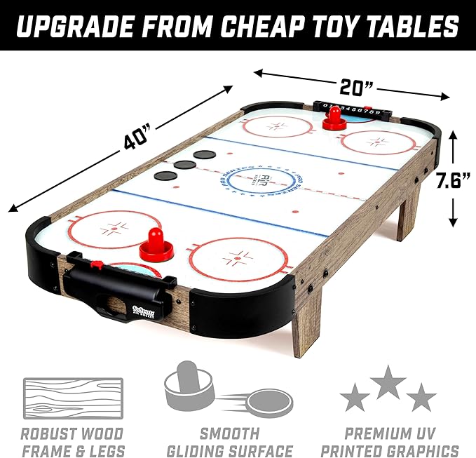 GoSports 40 Inch Table Top Air Hockey Game for Kids - AC Outlet Powered Motor – Oak or Black