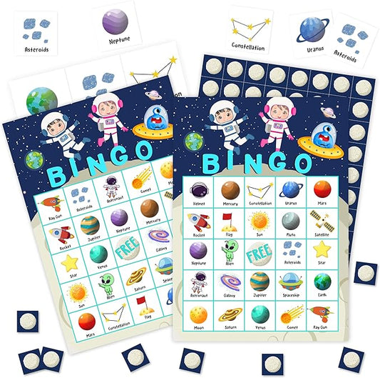 Space Games Bingo Cards, Cosmic Theme Game for Family Friends Large Multiplayer Group Activities, Party Birthday Favors Gifts -01, Blue