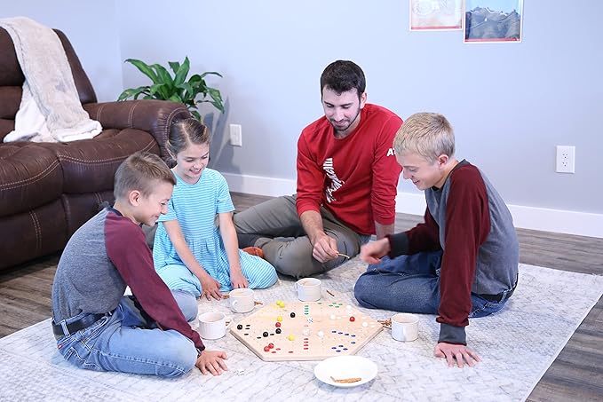 AmishToyBox.com Wahoo Marble Game Board Set - 20" Wide - Solid Oak Wood - Double-Sided - with Large 18mm Marbles and Dice Included