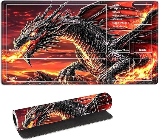 for MTG Playmat with Zones Storage Bag, for TCG Playmat and Playing Card Mat for Magic Board Games, Fire Dragon Non-Slip Stitched Edges Game Mat, Rollable Foldable Card Playmats