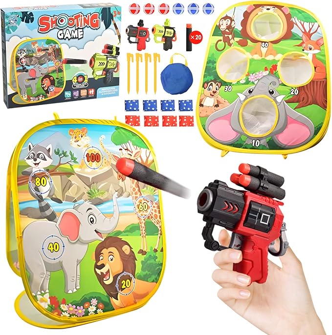 4 in 1 Portable Party Toys, Kids Bean Bag Throwing Games, Boys Shooting Toy Guns, Indoor and Outdoor Toys for 3 4 5 6 7 8 9 Year Old Boys and Girls, Birthday