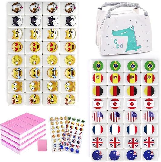 Seaside Escape Game Blocks， Mahjong Tile Game Sets with 65 Tiles 30mm Flag and Emoji Pattern with Handbag for Spring Picnic Party Gift.