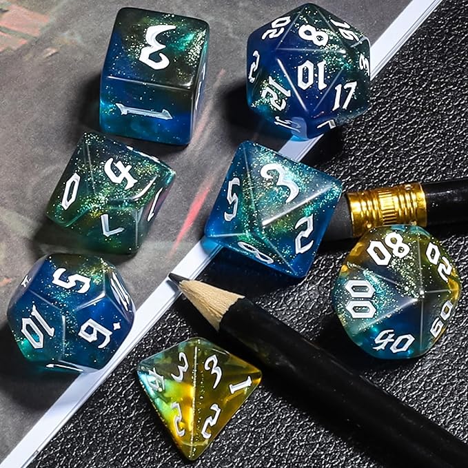 CiaraQ DND Polyhedral Dice Set for Dungeons and Dragons RPG MTG Role Playing Table Games-with 1 Dice Pouch (Blue + Yellow + Glitter)