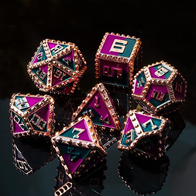 UDIXI Metal Dice Set, Metal DND Dice Set Rivet D&D Set for Dungeons and Dragons Role Playing Games (Red Copper-Purple Green)
