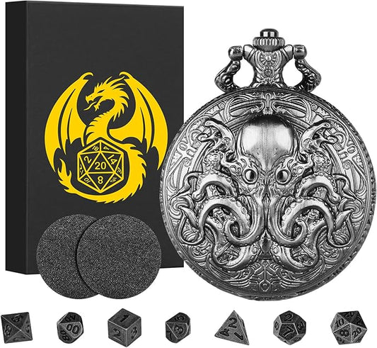 Mini DND Dice Set with Steampunk Double Eyed Octopus Pocket Watch Case, Tiny 7PCS Polyhedral Metal D&D Dice, DND Gifts with Gift Box, Role Playing Game Board Game Accessories Dice, Dark Silver