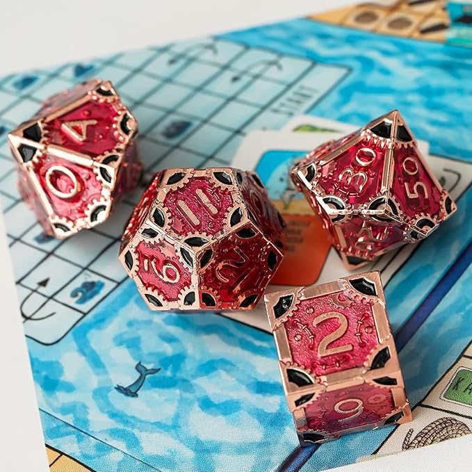 UDIXI Metal DND Dice Set, 7-Die Polyhedral D&D Dice Set for Dungeons and Dragons Role Playing Game, d and d (Red Copper-Red Black)