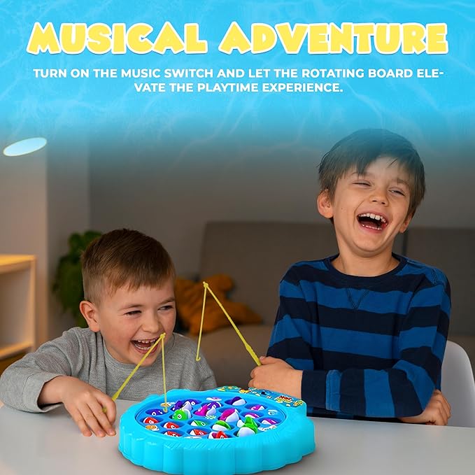 IPIDIPI TOYS Fishing Game for Kids, Hook Fishing Set for Toddlers - Rotating Fish Board with Music, Educational, Fine Motor Skill Activity for Boys and Girls - Blue, 21 Fish, 4 Poles