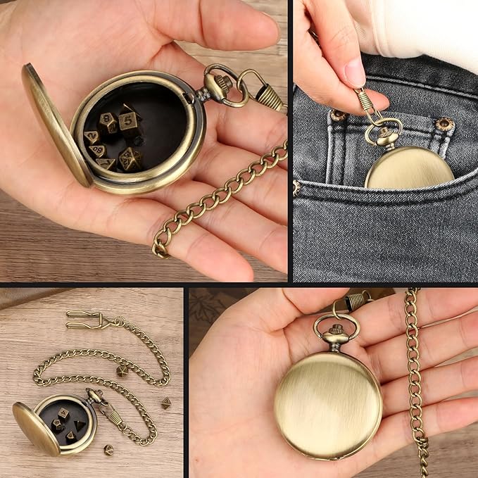Mini DND Dice Set with Smooth Pocket Watch Shell Case, 7pcs Polyhedral Metal D&D Dice Set, D&D Gifts with Gift Box, Role Playing Board Games DND Accessories