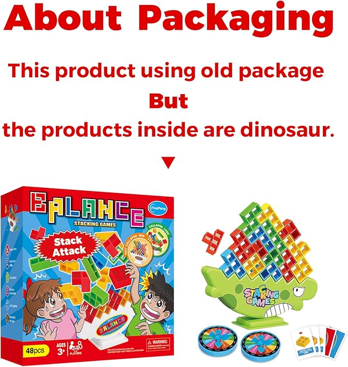 iYuePeng 48Pcs Dinosaur Stack Attack Building Balance Game, Swing Stack Board Game with Cards for Kids Age 3+, Drop The Pile of Blocks Toys for Kids & Adult, 2 Players, Family, Parties, Travel