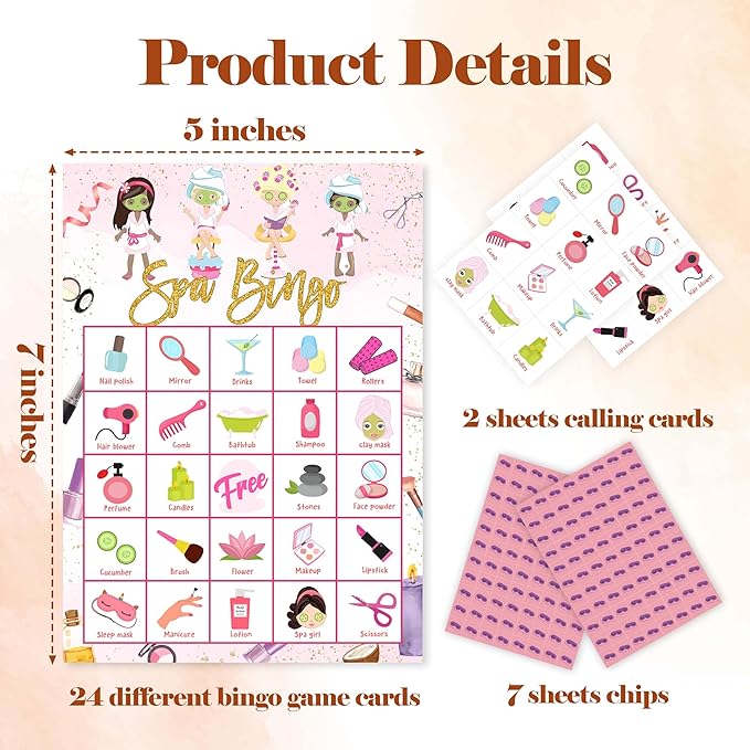 Spa Games Bingo Cards, Sleepover Theme Bingo Game, Beauty Game for Family Friends Large Multiplayer Group Activities, Slumber Party Birthday Favors Gifts -08