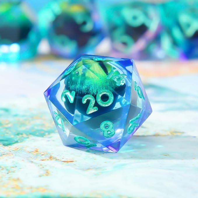 Single Liquid core D20 DND Dice-22MM Dargon Eye 20 sideds Resin Sharp Edged Resin Dice for Dungeons and Dragons, RPG, Polyhedral Roleplaying Games MTG Table Games(Green Purple)