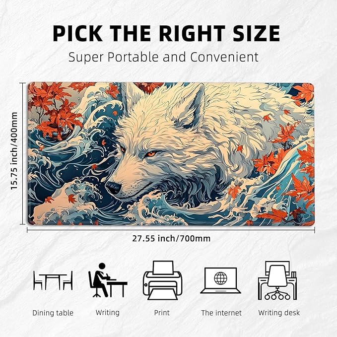 for MTG Playmat with Storage Bag, for TCG Playmat and Playing Card Mat for Magic Board Games, Non-Slip Wolf Maple Leaf Desk Mat, Stitched Edges Game Mat, Rollable & Foldable Card Playmats