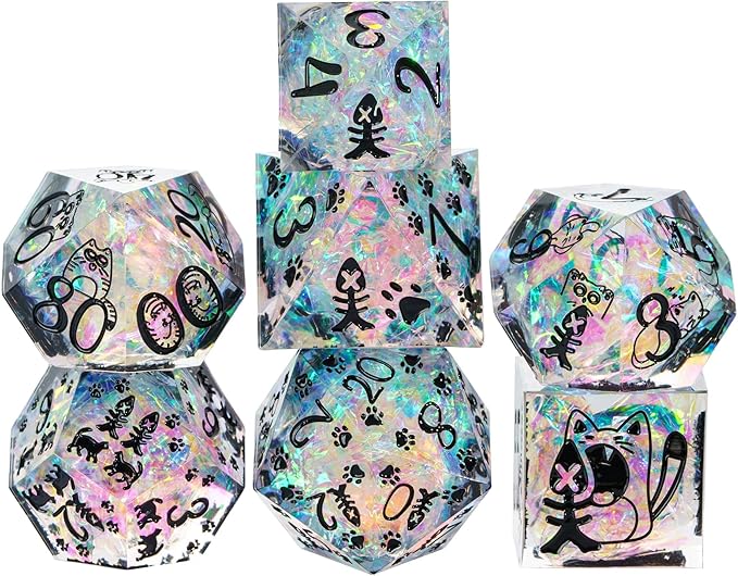 Cusdie 7-Die Sharp Edges DND Dice Set, Cat Pattern Polyhedral D&D Dice Set for DND Dungeons and Dragons TTRPG Role Playing Games