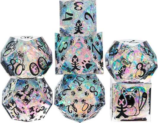 Cusdie 7-Die Sharp Edges DND Dice Set, Cat Pattern Polyhedral D&D Dice Set for DND Dungeons and Dragons TTRPG Role Playing Games