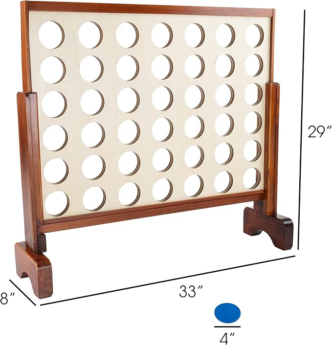 Hey! Play! 4-in-A-Row-Giant Classic Wooden Game for Indoor and Outdoor Play-2 Player Strategy and Skill Fun Backyard Lawn Toy for Kids and Adults