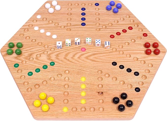 AmishToyBox.com Wahoo Marble Game Board Set - 20" Wide - Solid Oak Wood - Double-Sided - with Large 18mm Marbles and Dice Included