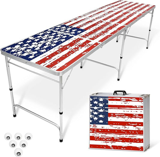 GoPong 8 Foot Portable Beer Pong / Tailgate Tables (Black, Football, American Flag, or Custom Dry Erase)