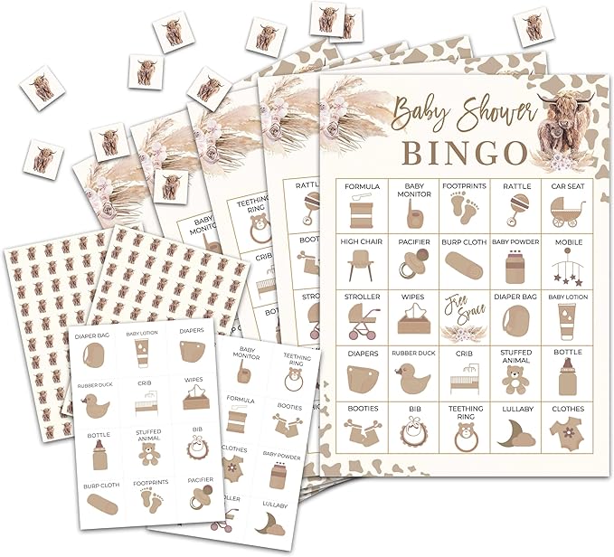 Cow Baby Shower Bingo Card Game for Adults, Cow Baby Shower Party Supplies, Favors, Gender Reveal Party Decorations, 24 Players Bingo Game, C11
