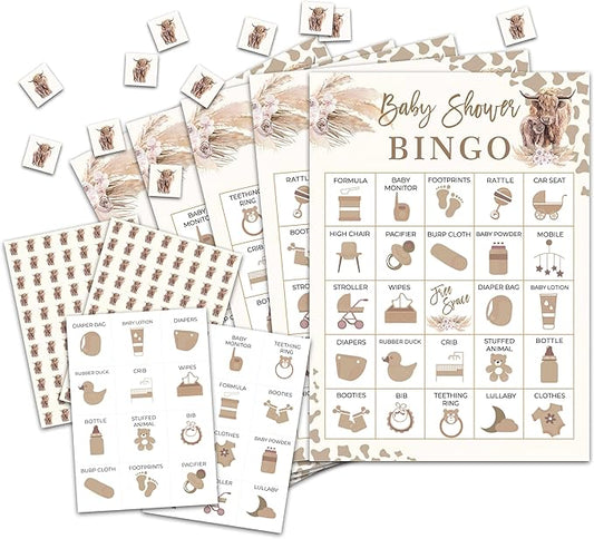 Cow Baby Shower Bingo Card Game for Adults, Cow Baby Shower Party Supplies, Favors, Gender Reveal Party Decorations, 24 Players Bingo Game, C11