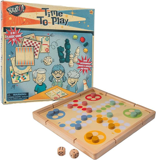 Neato Time to Play 8-in-1 Wooden Board Game Set – Chess, Checkers, Backgammon, Bowling, Sling Puck, Snakes and Ladders, Racing – Classic Family Game for Kids & Adults – Great for Game Night & Travel