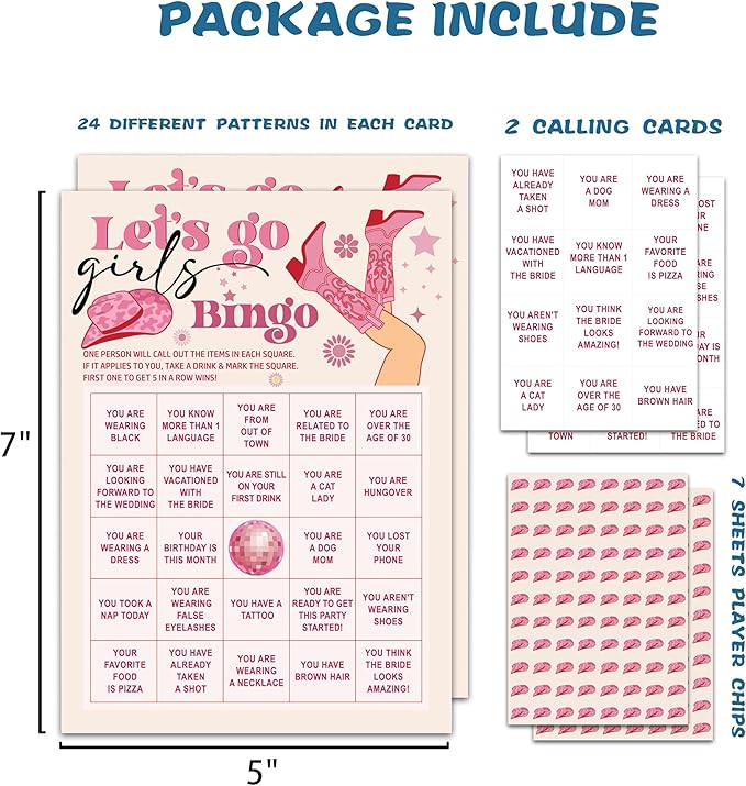 Bachelorette Party Bingo Game, Nash Bash Let's Go Bachelorette Party Games for Adults, Bridal Shower Games, Engagement Games – 24 Players Bingo, C13