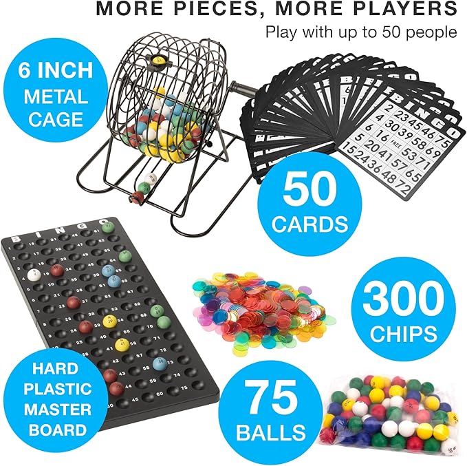 Royal Bingo Supplies Deluxe Bingo Game + Free Expansion Set 50 Premium Cards, 300 Vibrant Chips, 75 Calling Balls, 6” Bingo Cage - Premium Bingo Set for Large Groups and Parties