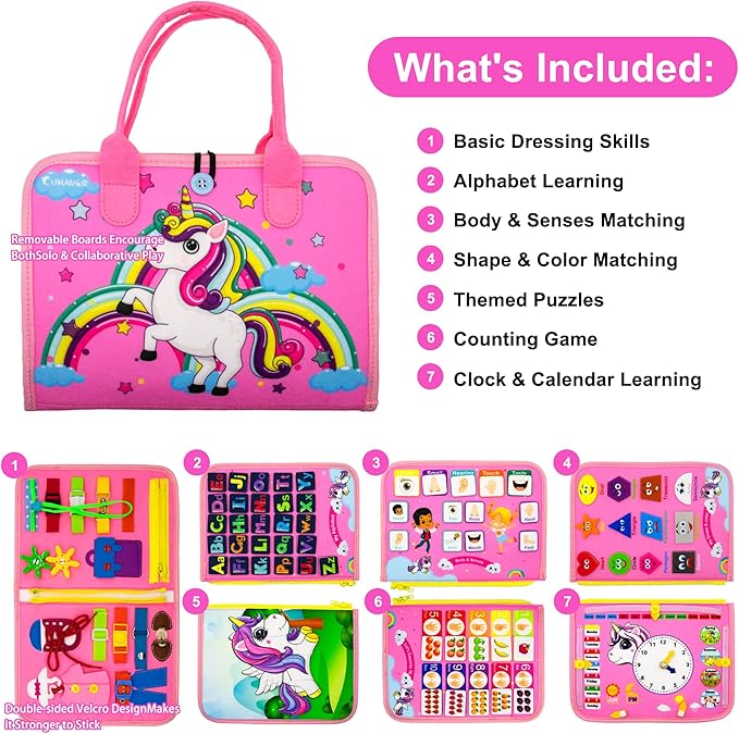 Busy Board, Busy Book for Toddlers with 25 Activities, Promotes Fine Motor Skills, Dressing Skills, Finger Dexterity, and Cognitive Development, Ideal Girl Birthday Gift