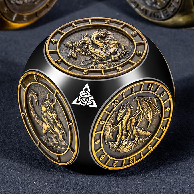 7 in 1 Spinner DND Dice Set, Metal D and D Dragon Dice with Gift Box, Role Playing Dice, Black Gold