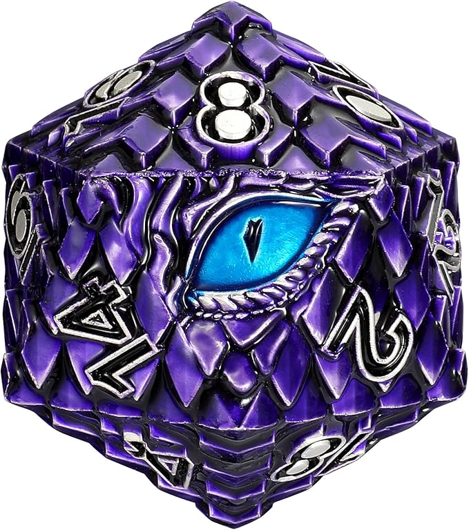 Dragon Eye Scale DND Metal Dice,33mm 20 Sided Giant D20, Large Polyhedral Dice, D&D Metal Dice Set for Dungeons and Dragons, RPG, MTG & Tabletop Games(Purple with Blue Eye)