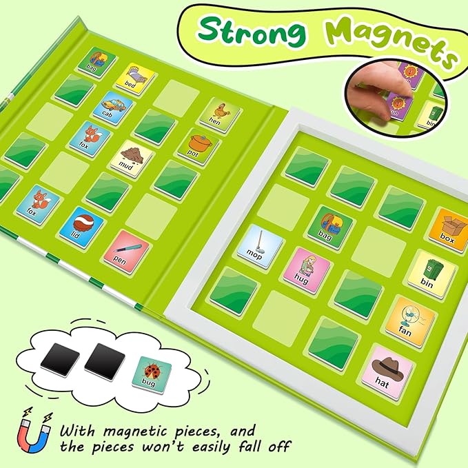 Torlam Magnetic CVC Word Match Game, Phonics Memory Games for Kids, Travel Party Camping Road Family Night Airplane Car Trip Activities for Preschool Kindergarten Kids Educational Homeschool Supplies