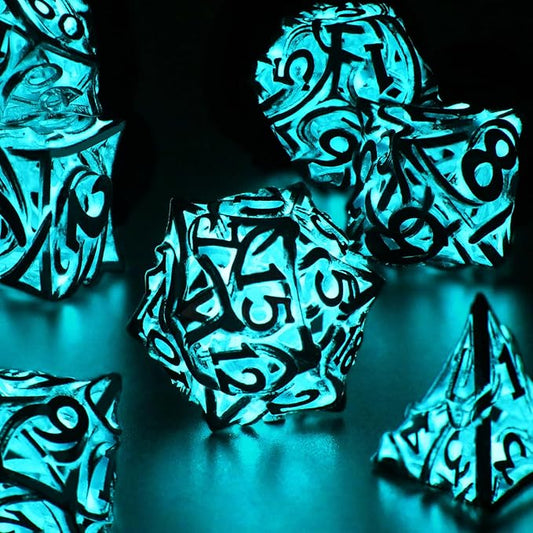 Glow in The Dark DND Dice Metal for Dungeons and Dragon 7 Polyhedral Dice Set Hollow Metal Vine D&D RPG Dice for Role Playing Game (Vine Glow Blue)