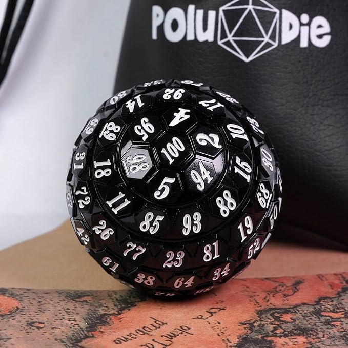 100 Sided Polyhedral Dice, Single D100 Game Dice, 100 Sided Cube with Black Pouch, D100 Dice 48 mm (Black with White Number)