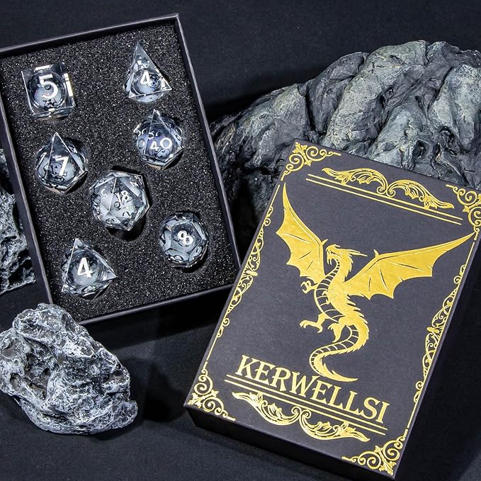 KERWELLSI Dog Liquid Core DND Dice Set with Gift Box, 7 Pcs Resin Sharp Edged Dice, D and D Polyhedral Role Playing Dice D20 D12 D10 D8 D6 D4, White