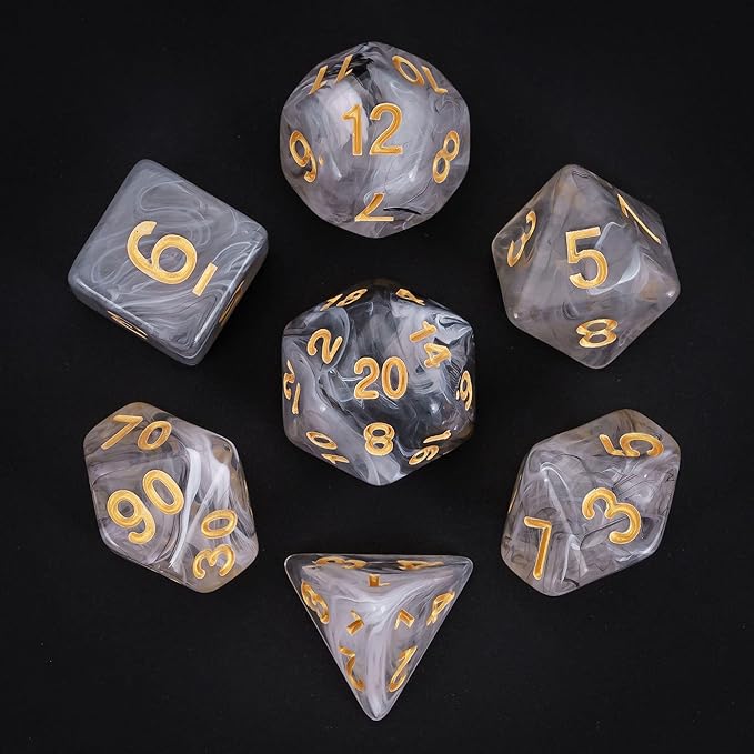 7-Die DND Dice Set Polyhedral Dice Set with a Leather Dice Bag, D&D Dice Set for Dungeons and Dragons, RPG Table Games (Transparent Black Mix White)