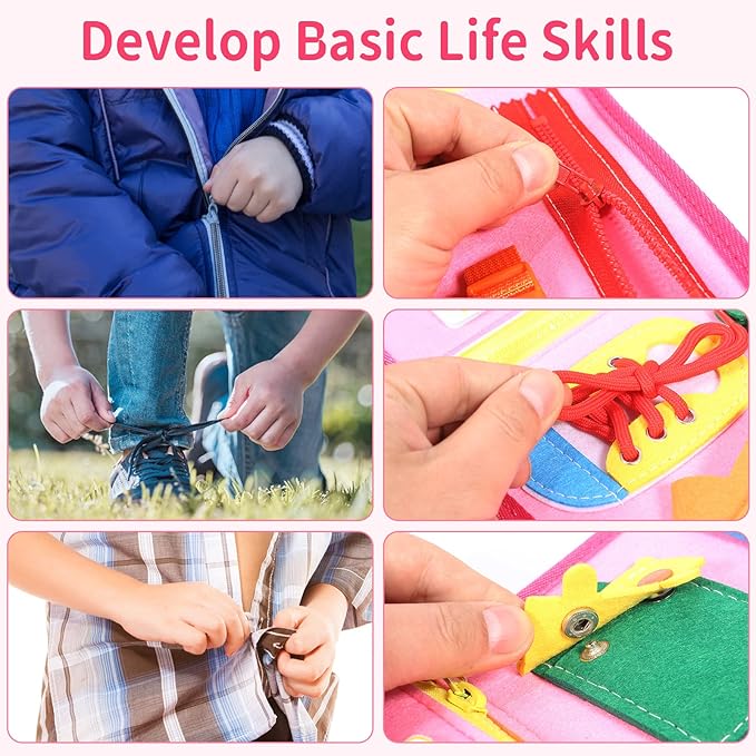 Busy Board, 7 in 1 for 3+ Years Old, 91Pcs Montessori Board to Learn Fine Motor Skills, Sensory Board, Preschool Educational Toys for Toddler Travel - Pink