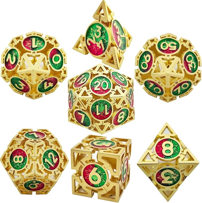 Metal DND Dice Set - D&D Dungeons & Dragons Polyhedron Metal Hollow Dice 7 Piece Set Board Game Cosplay Dice Accessories Gift MTG Pathfinder - Red & Green