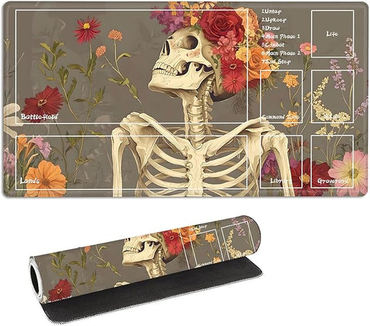 for MTG Playmat with Zones Storage Bag,for TCG Playmat and Playing Card Mat for Magic Board Games, Skull Flower Non Slip Stitched Edges Game Mat, Rollable Foldable Card Playmats