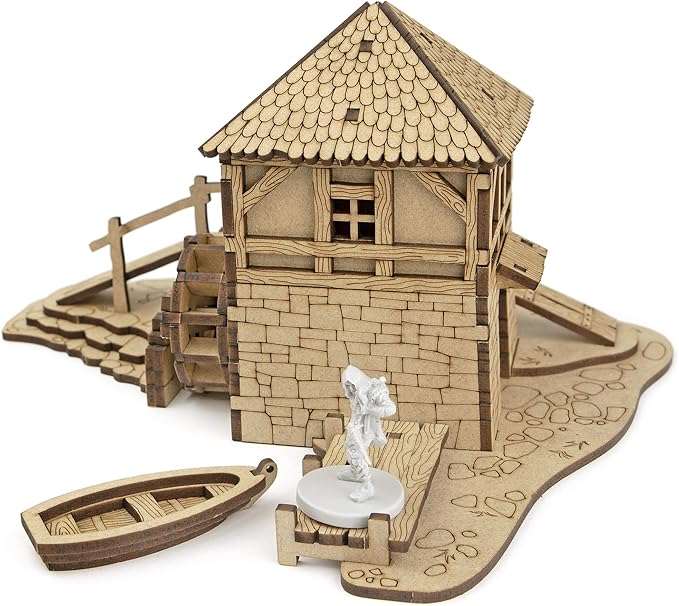 TowerRex Watermill D&D Terrain Buildings, DND Accessories for Dungeons & Dragons, Pathfinder, Warhammer, Tabletop Battle Map, Wooden Laser Cut Wargaming Terrain, RPG Scenery for 32mm, 28mm Miniatures