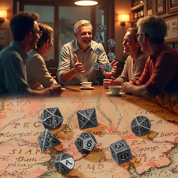 Mini DND Dice Set with Steampunk Hollow Gear Pocket Watch Shell Case, Tiny 7pcs Polyhedral Metal D&D Dice,DND Gifts with Leather Bag, Christmas Gifts, Role Playing Board Games Accessories, Silver