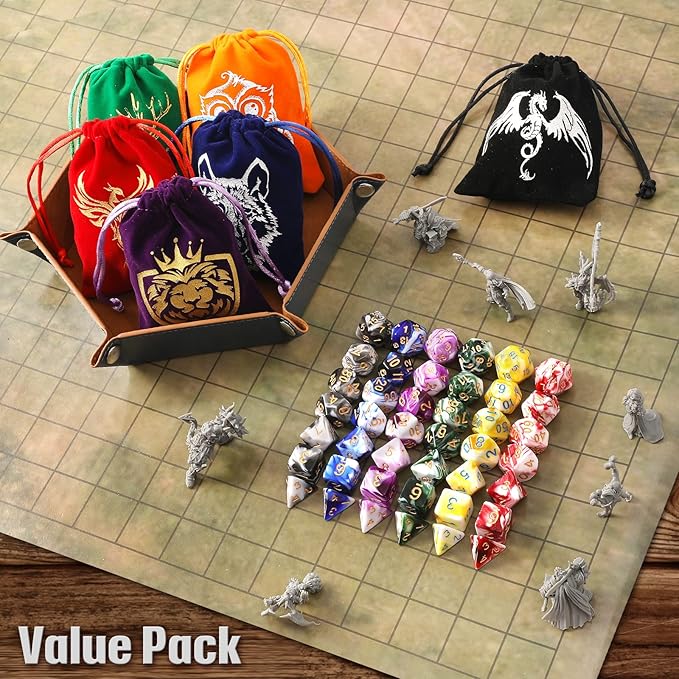 DND Dice Set, 42 Pcs Role Playing Dice Set with 6 Colorful Animal Pattern Dice Bag and PU Leather and Velvet dice Tray for Dungeons and Dragons D&D RPG MTG Table Games Mixed White