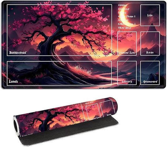 for MTG Playmat with Zones Storage Bag, for TCG Playmat and Playing Card Mat for Magic Board Games, Pink Leaves Tree Non-Slip Stitched Edges Game Mat, Rollable Foldable Card Playmats