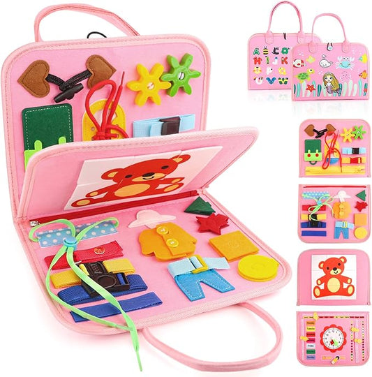 Montessori Busy Board Toys, Sensory Board for Toddlers 1-3, Travel Felt Busy Book for Airplane Car, Activity Busy Mat for Learning Fine Motor Skills Suits Boys Girls Birthday Gifts Pink/P1