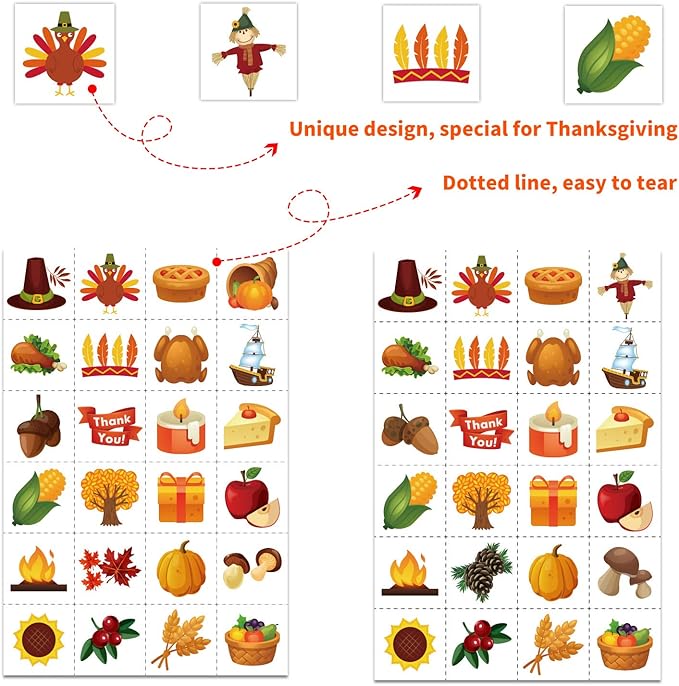 MISS FANTASY Thanksgiving Bingo Game - 24 Player Cards, Family & Toddler Friendly, Classroom Party Activities