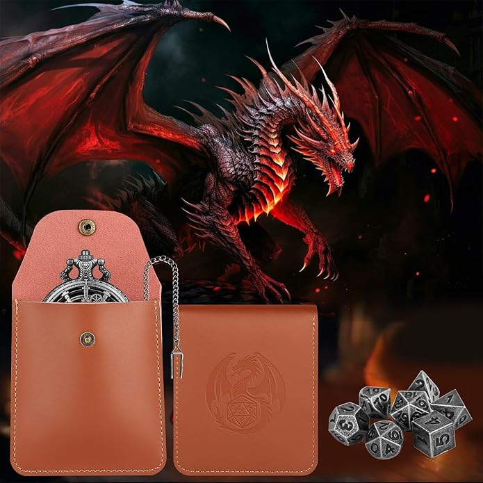 Mini DND Dice Set with Steampunk Hollow Gear Pocket Watch Shell Case, Tiny 7pcs Polyhedral Metal D&D Dice,DND Gifts with Leather Bag, Christmas Gifts, Role Playing Board Games Accessories, Silver