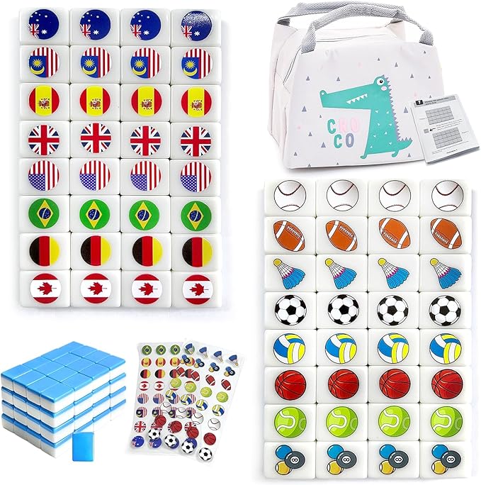 Seaside Escape Game Blocks， Mahjong Tile Game Sets with 65 Tiles 30mm Flag and Ball Pattern with Handbag for Spring Picnic Party Gift.