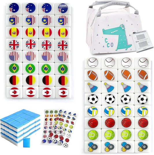 Seaside Escape Game Blocks， Mahjong Tile Game Sets with 65 Tiles 30mm Flag and Ball Pattern with Handbag for Spring Picnic Party Gift.