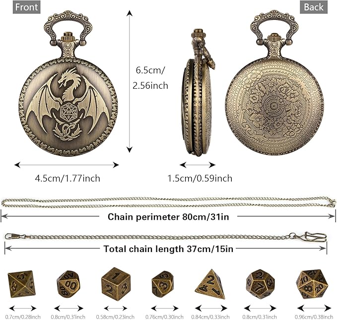 Mini DND Dice Set with Steampunk Dragon Pocket Watch Shell Case, Tiny 7pcs Polyhedral Metal D&D Dice, DND Gifts with Gift Box Greeting Card, Role Playing Board Games Accessories