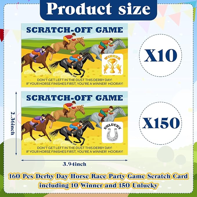 160 Pcs Derby Horse Race Party Game Scratch Off Cards Includes 150 Pcs [Unlucky] and 10 Pcs [Winner] with Scratch Off Stickers Derby Party Supplies Birthday Games for Adults