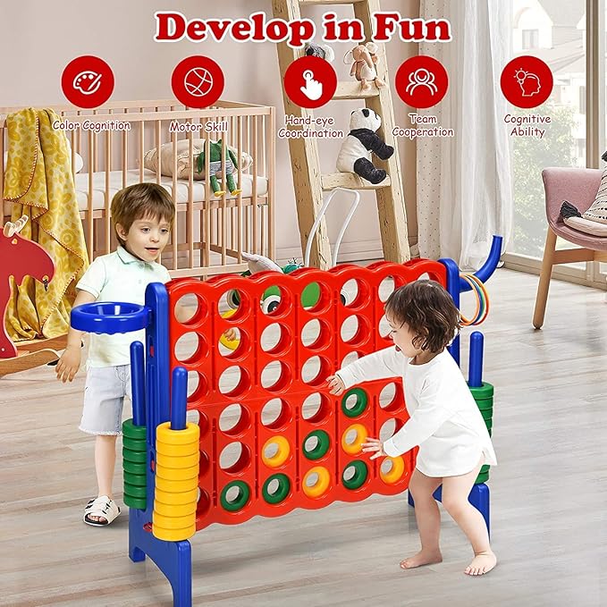 Giant 4 in a Row Connect Game, Jumbo 4 to Score Game Set w/ 42 Chess Rings, Basketball & Hoop, Toss Rings & Quick-Release Lever, Indoor & Outdoor Family Party Game for Kids & Adults
