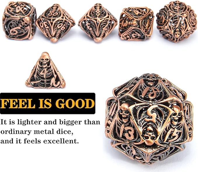 Metal Skull Dice Set Hollow Multi-Sided Dungeons & Dragons Dice 7CPS Role-Playing Dice Set with Flannel Bag Suitable for D&D Board Game Cards(Antique red Copper)